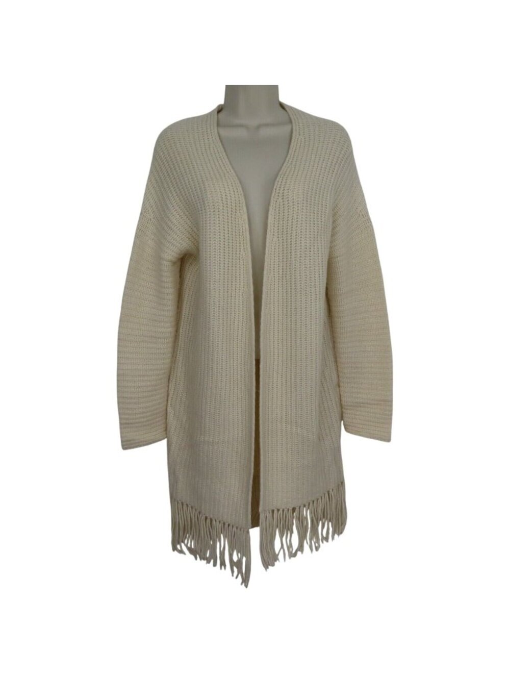 360 Cashmere Women Small Cream Long Knit Fringe Open Front Cardigan Sweater